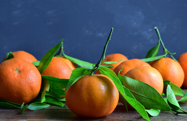 Close up of fruit, tangerine and more in group behind, bluish background and wood base.
