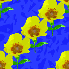 Seamless pattern of yellow wildflowers on dark blue abstract background. Vector