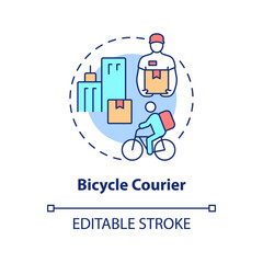 Bicycle courier concept icon. Eco friendly option. Starting delivery business abstract idea thin line illustration. Isolated outline drawing. Editable stroke. Roboto-Medium, Myriad Pro-Bold fonts used