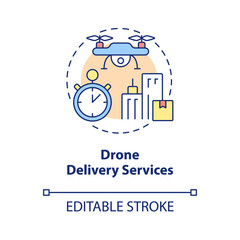 Drone delivery services concept icon. Shipping technology abstract idea thin line illustration. Isolated outline drawing. Editable stroke. Roboto-Medium, Myriad Pro-Bold fonts used