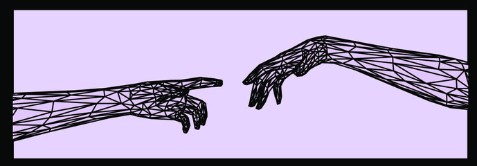 3D low poly model of hands going to touch together. Futuristic trendy print for t-shirt, cover or poster.