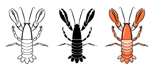 Shrimp isolated vector icon. Seafood cartoon outline sketch set. Package logo design element. Lobster langouste gourmet. Red shellfish print. Simple emblem template. Graphic ocean crustacean symbol.