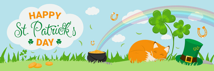 Happy Saint Patrick's Day banner with clover leaves, cute slipping red fox, leprechaun hat, pot of gold coins and rainbow. Irish holiday concept with spring landscape. Flat design vector illustration