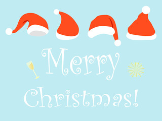 Merry christmas greeting card vector template colorful illustration cartoon flat champagne cheers new year celebration red santa claus hat headwear