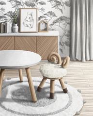 interior sketch of a children's room in calm light colors with animals and natural motifs digital drawing