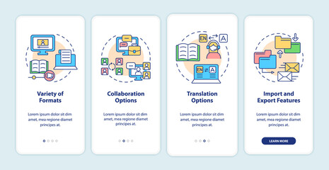 Elearning platforms features onboarding mobile app screen. Walkthrough 4 steps graphic instructions pages with linear concepts. UI, UX, GUI template. Myriad Pro-Bold, Regular fonts used