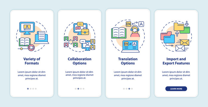 Elearning platforms features onboarding mobile app screen. Walkthrough 4 steps graphic instructions pages with linear concepts. UI, UX, GUI template. Myriad Pro-Bold, Regular fonts used