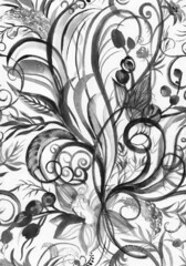 Schwarz-weißes, nahtloses Aquarellmuster mit Orchideenblüten und stilisierten Spiralblättern auf weißem Hintergrund für dehnbares und Retro-Design