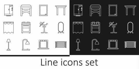 Set line Chest of drawers, Big full length mirror, Picture, Oven, Curtains, Shower cabin, Coat stand and Chair icon. Vector