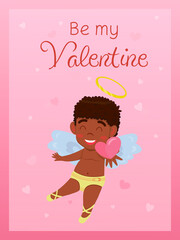 Valentine's Day card with little angel boy holding out a heart. Relationship, love, Valentine's day, romantic concept. Vector illustration for banner, poster, postcard, postcard.