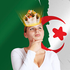 Beautiful young girl with delicious doner donair kebab in her head, dreams isolated on Algeria flag...
