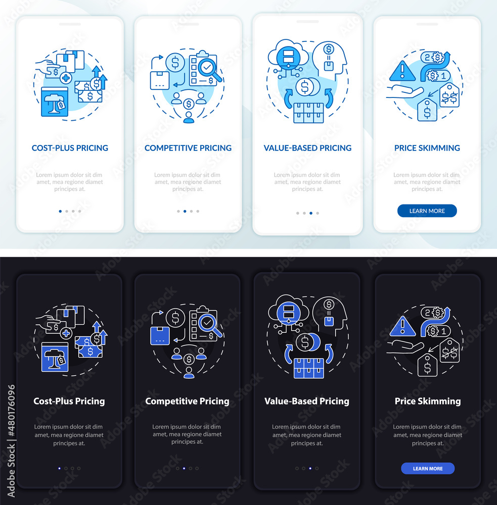 Poster pricing approaches night and day mode onboarding mobile app screen. walkthrough 4 steps graphic inst