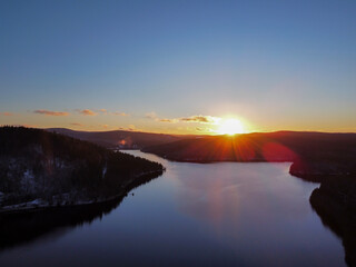 Sunset at the Eibenstock dam in winter