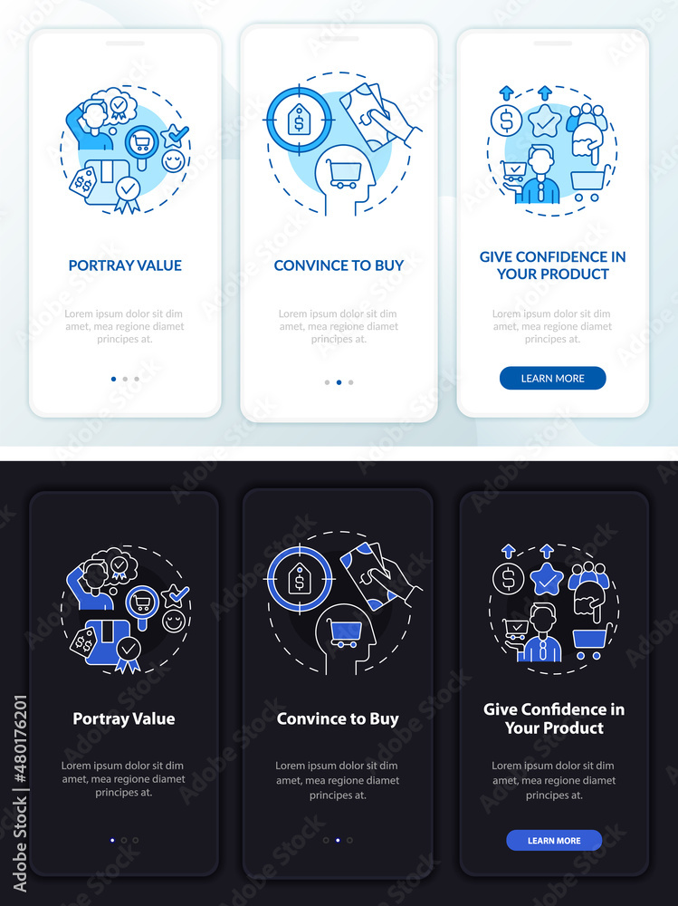 Poster smart pricing strategy night and day mode onboarding mobile app screen. walkthrough 3 steps graphic 
