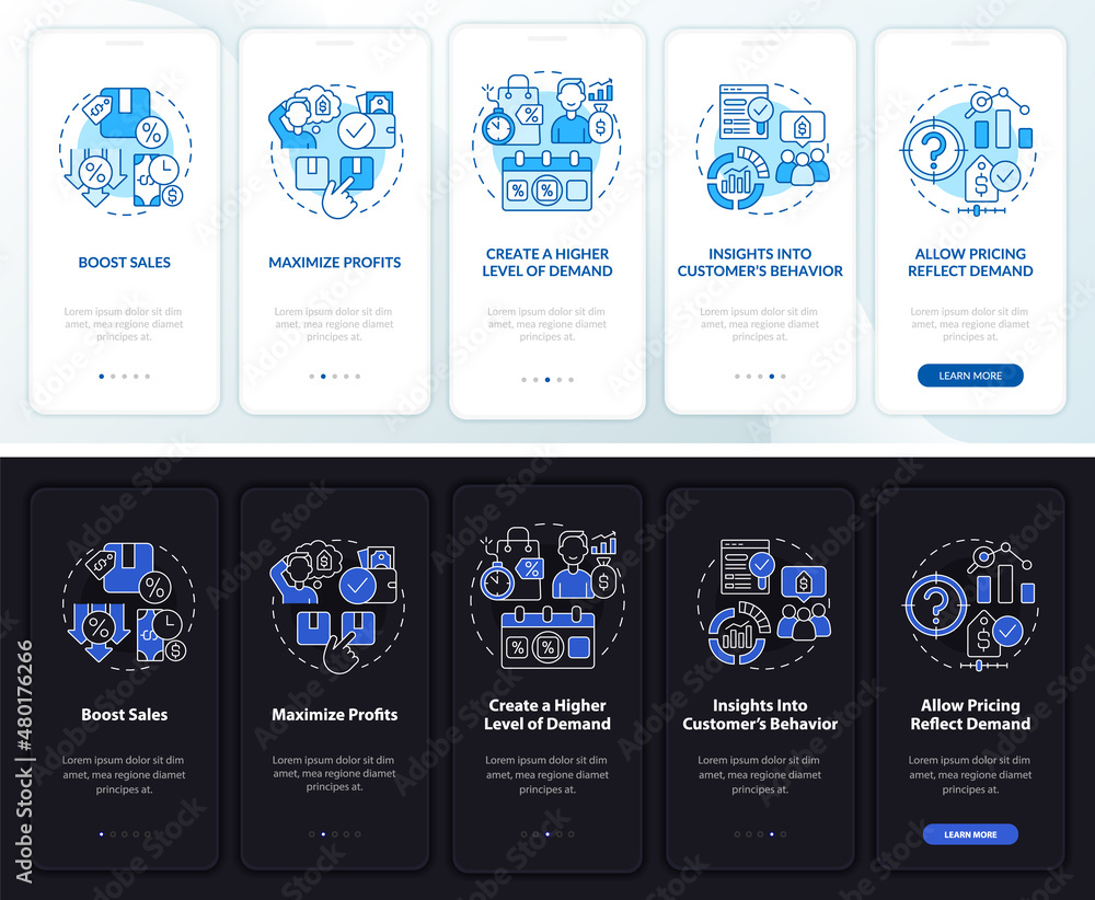 Poster dynamic pricing pros night and day mode onboarding mobile app screen. walkthrough 5 steps graphic in