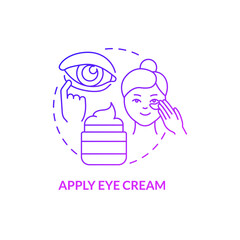 Apply eye cream purple gradient concept icon. Under eye zone treatment. Skincare routine abstract idea thin line illustration. Isolated outline drawing. Roboto-Medium, Myriad Pro-Bold fonts used