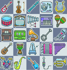 Pack of 25 musical instruments in pixelart,pixel,color,editable vector format.
Pack of 25 vectorized pixel art icons,vectorized icons illustrator 8,isolated,pixelart.