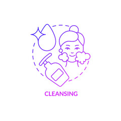 Cleansing purple gradient concept icon. Face wash procedure. Skincare routine abstract idea thin line illustration. Isolated outline drawing. Roboto-Medium, Myriad Pro-Bold fonts used
