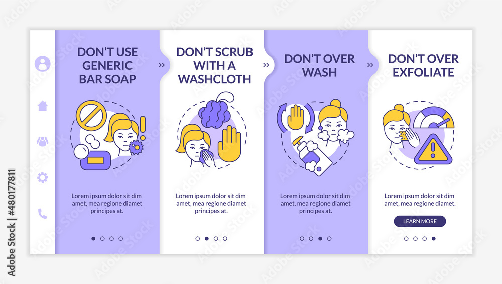 Poster skincare donts purple and white onboarding template. wrong procedures. responsive mobile website wit