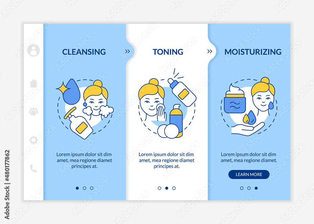 Poster skincare routine steps blue and white onboarding template. beauty procedures. responsive mobile webs