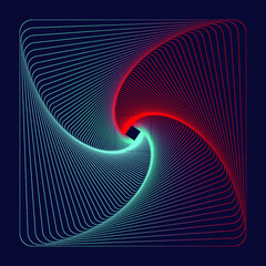Square vortex line art style. Centered moving spiral lines. Neon effects background.