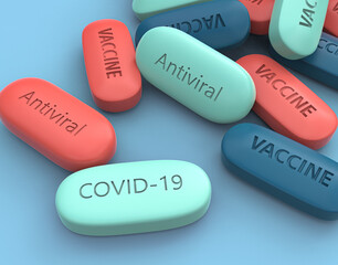 Obraz na płótnie Canvas Pills with the inscription Vaccine for the cure of the coronavirus virus, Covid-19. 3D rendering