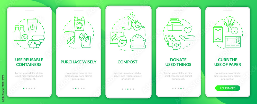 Poster how to minimize waste green gradient onboarding mobile app screen. walkthrough 5 steps graphic instr