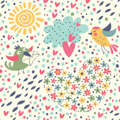 Romantic pattern with cute birds, flowers, balloons and ribbons.
