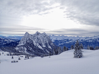 Fototapeta na wymiar Beautiful winter landscape in the Swiss mountains. Panoramic view over the snow covered landscape.