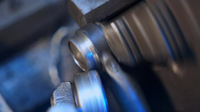 The process of industrial technology concept. Close up od turning.
