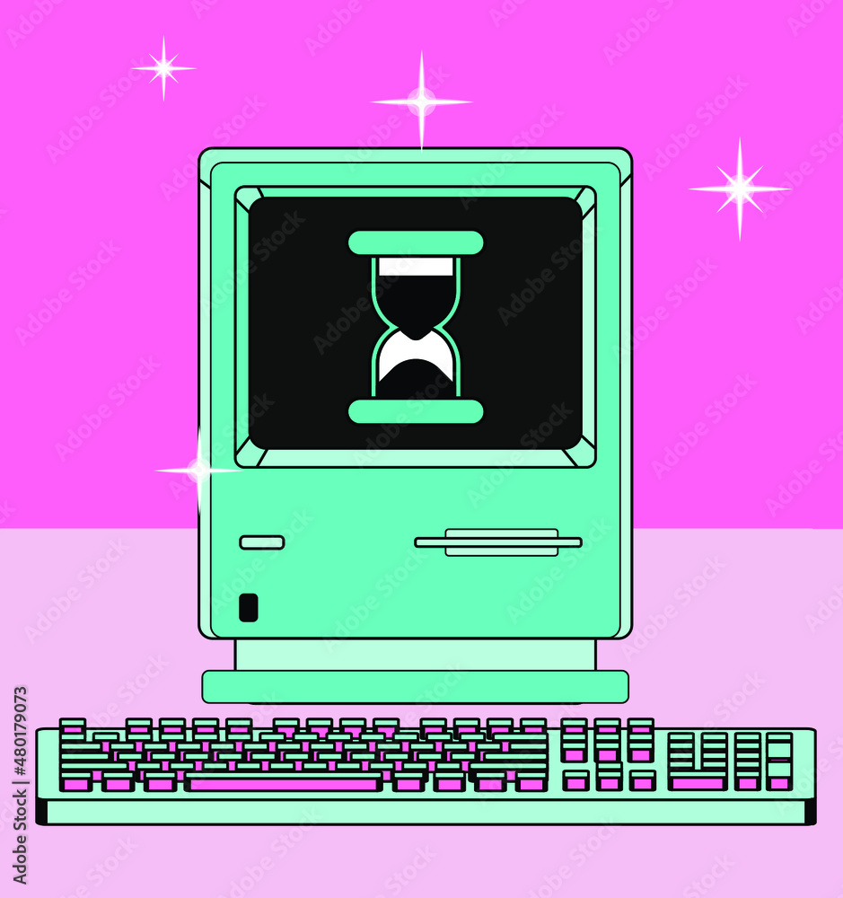 Poster old retro computer with crt monitor and keyboard. vaporwave vintage style aesthetics.