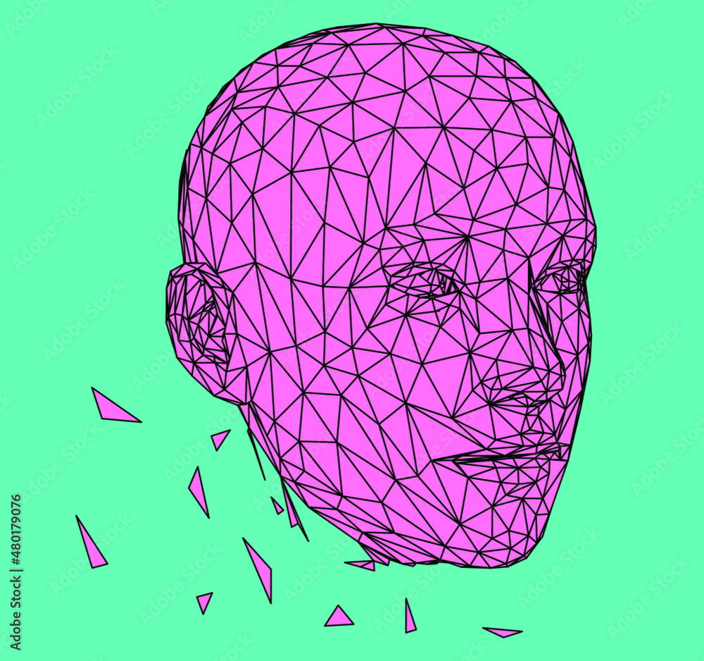 Poster 3D wireframe of a human head. Concept for Artificial intelligence and Neural Networks themes.