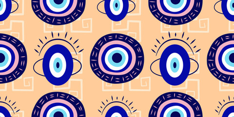 Greek eye Turkish amulet seamless pattern. Turkish eye blue for amulet and protection in endless pattern. Vector illustration in a flat style
