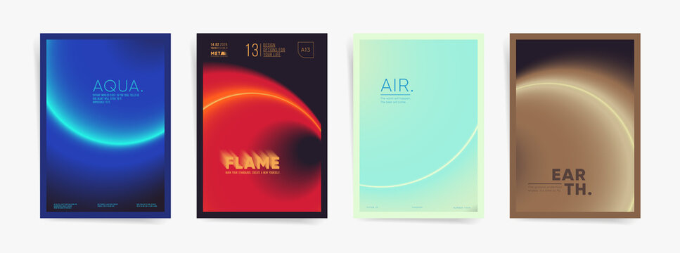 Four elements gradient art poster cover design collection. Brochure template set layouts with fire, water, earth and air pattern. Vector minimal vertical a4 background. Presentation report banners.