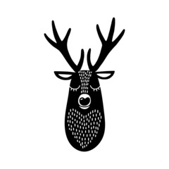 Deer head silhouette. Stylized drawing reindeer in simple scandi style. Nursery scandinavian art. Black and white vector illustration - 480179256