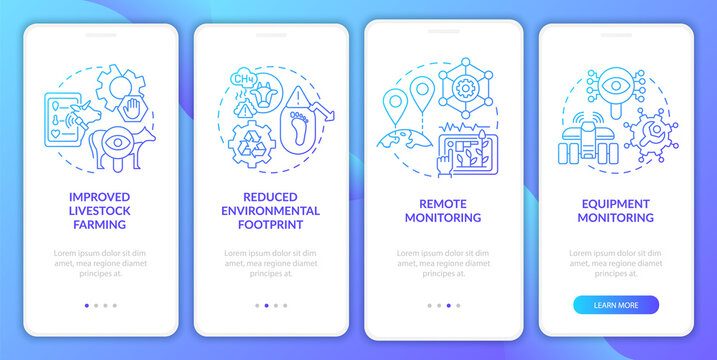 Precision Agriculture Pros Blue Gradient Onboarding Mobile App Screen. Walkthrough 4 Steps Graphic Instructions Pages With Linear Concepts. UI, UX, GUI Template. Myriad Pro-Bold, Regular Fonts Used