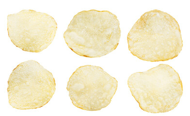 natural potato chips isolated on white. top view, texture.