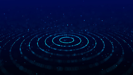 Abstract blue background of circular flow of particles. Digital cyberspace. Network connections structure. 3D rendering.