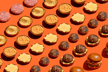 A pattern of burger ingredients going into a sandwich on an orange background.