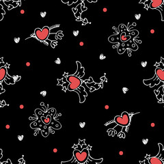 Love Valentines day Hand Drown Hearts Doodles Seamless Pattern. Vector romantic texture on white background. Cute heart with wings. Happy Valentine's day print for wrapping, background, fabric design