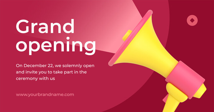 Grand opening holiday invitation promo with megaphone loudspeaker 3d icon banner with place for text