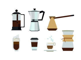 Set of coffee types and packages. Coffee menu vector illustration. Preparation of beverages. Collection of glasses with cappuccino, latte, espresso, americano, mocha, frappuccino. Take away. Vector 