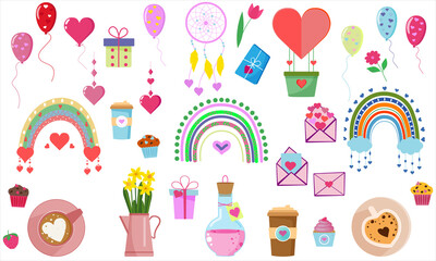 St. Valentine's Day collection of cute elements. Vector set cute objects and elements for Valentine's Day cards: heart, rainbow, dreamcatcher, balloons, sweets, coffee, cake, key, candy, gift box