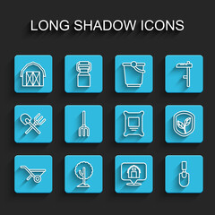 Set line Wheelbarrow, Tree, Farm house, Location farm, Garden trowel spade or shovel, pitchfork, Shield with leaf and Fertilizer bag icon. Vector