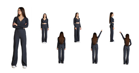 Collage. Full-length portraits of young beautiful girl posing in knitted cloth isolated over white background