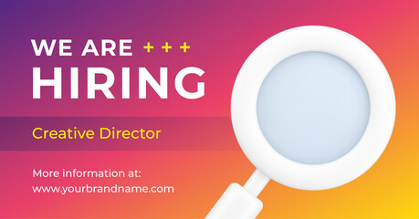 We are hiring headhunting recruitment agency service with magnifying glass 3d icon place for text