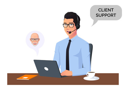 Customer Service Man with Headphones and Microphone with Laptop Illustration Concept for Support and Call center