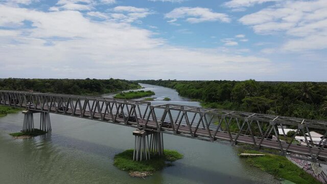 Aerial view Glondong Kretek bridge is a bridge that divides the Opak river in Bantul, Special Region of Yogyakarta