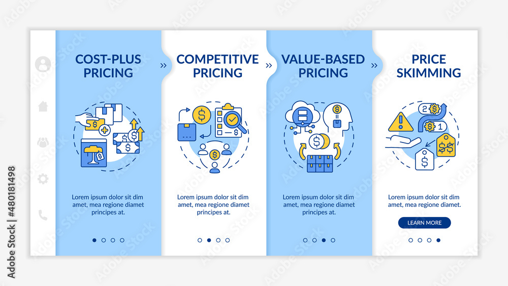 Poster pricing strategies blue and white onboarding template. competitive method. responsive mobile website