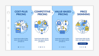 Pricing strategies blue and white onboarding template. Competitive method. Responsive mobile website with linear concept icons. Web page walkthrough 4 step screens. Lato-Bold, Regular fonts used